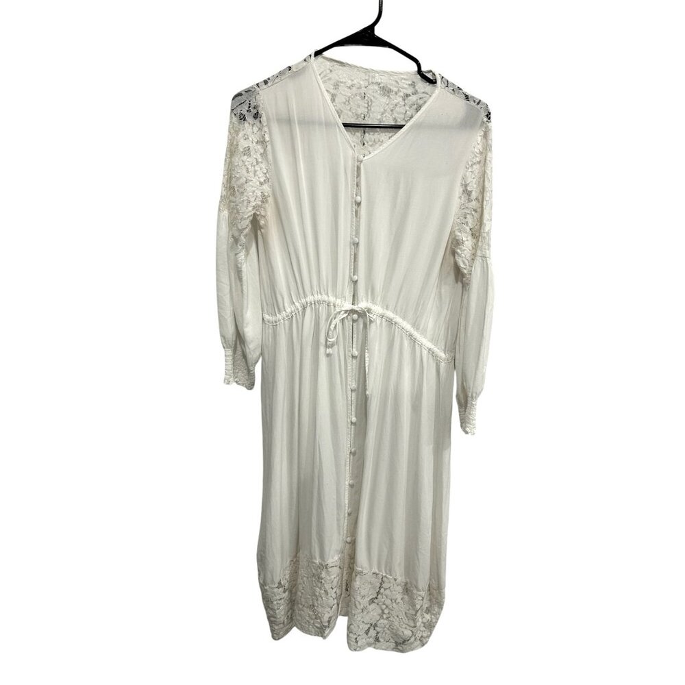 White Lace Boho Long Dress Button Front Drawstring Waist Beachy Coastal Sz